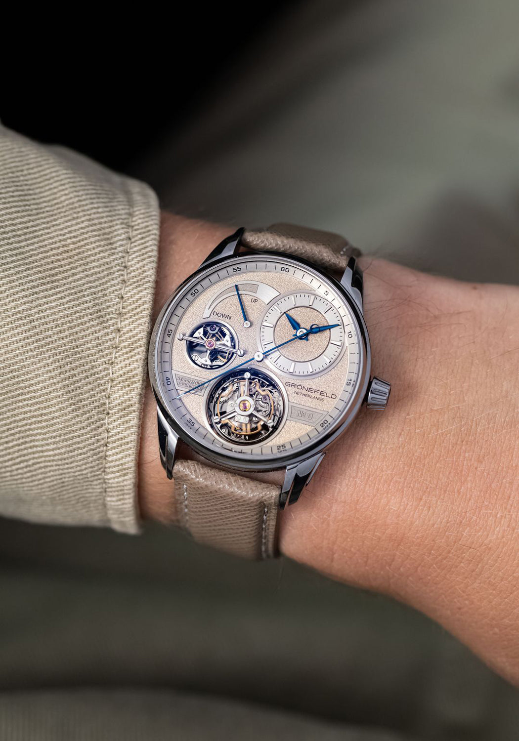 The Grönefeld 1941 Quadrivium dial reveals a flying tourbillon cage and remontoire mechanism