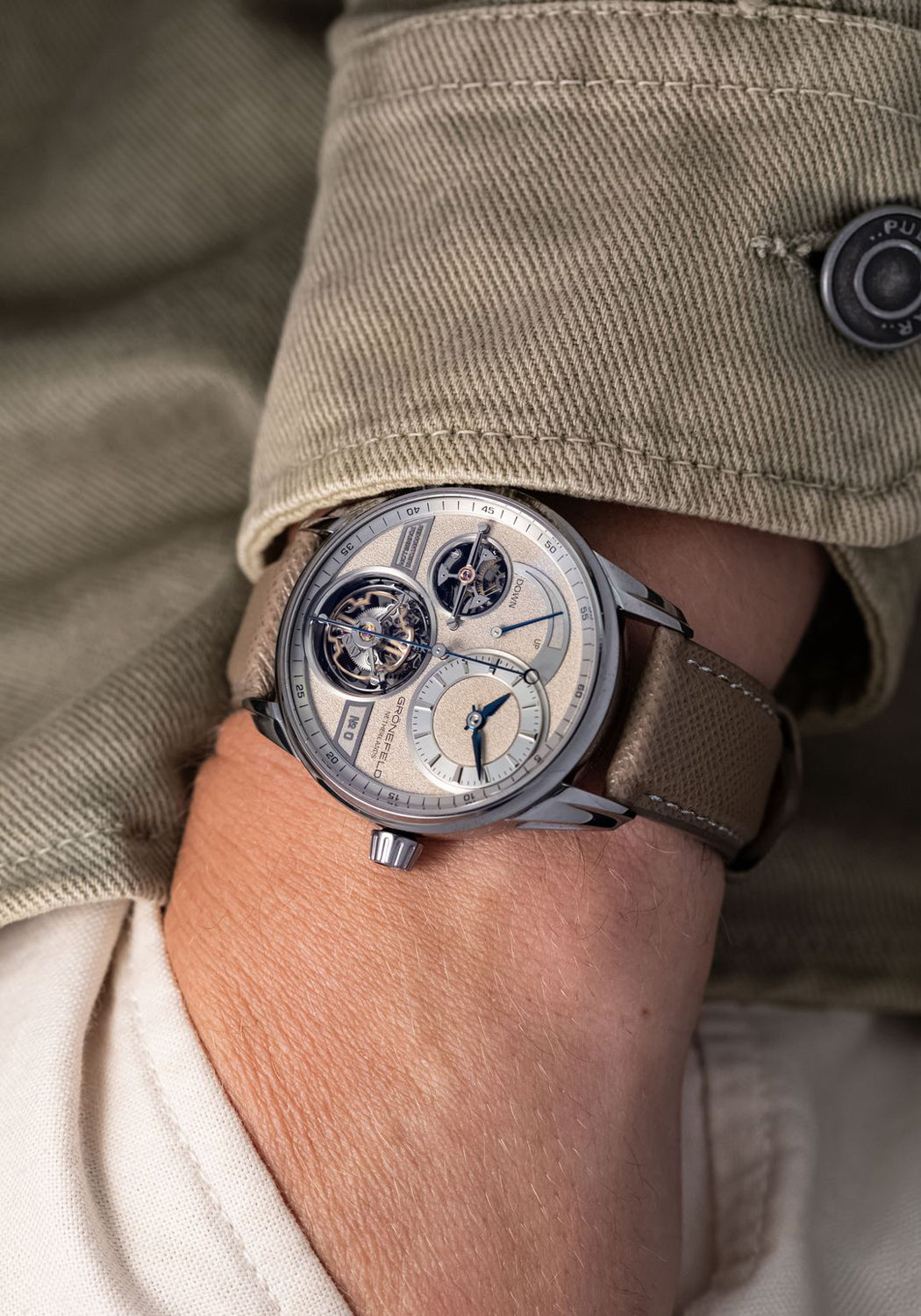 A wristshot of the Grönefeld 1941 Quadrivium highlights the finely frosted surface of the brass dial