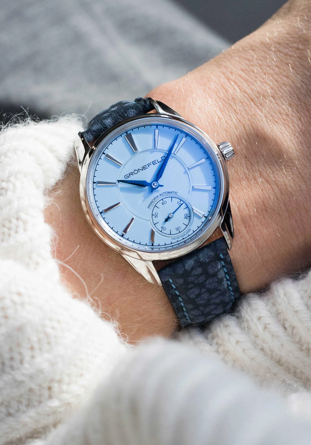 Grönefeld 1941 Principia Light Blue is shown here with the blue buffalo leather strap.