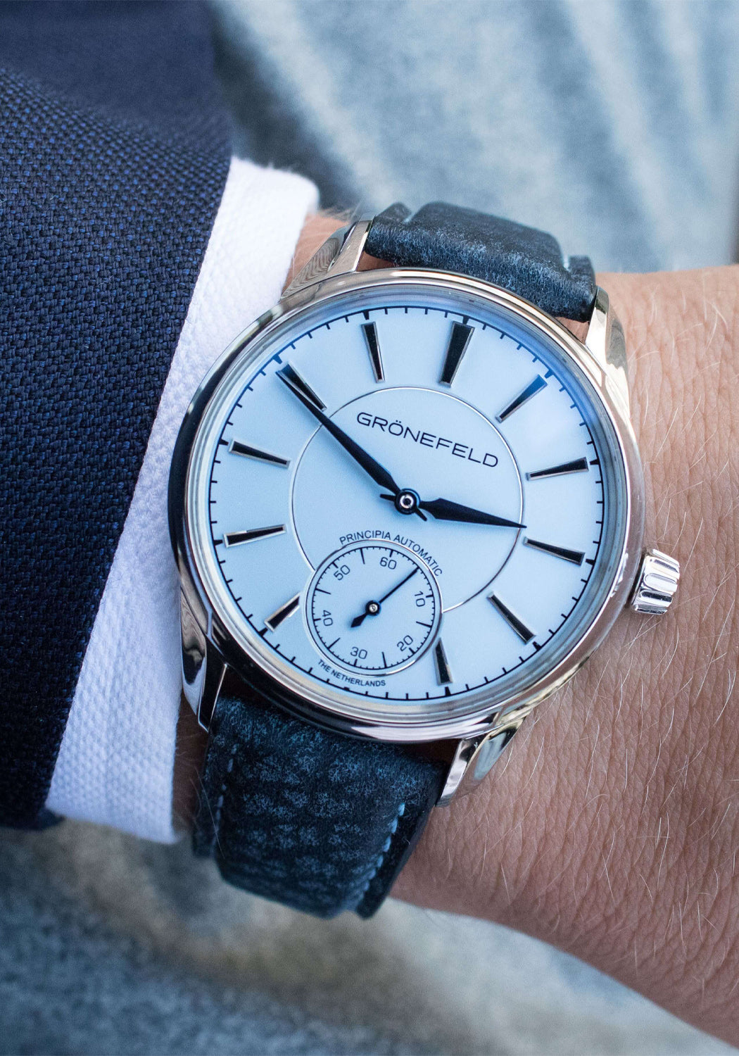 Grönefeld 1941 Principia Light Blue Dial shines on the wrist with its blued steel hands