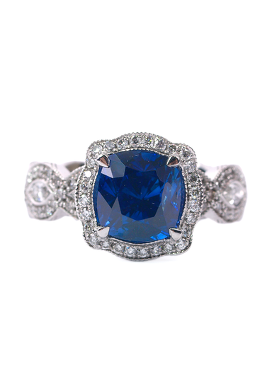 Katharine James Bella's Love Platinum Cushion Sapphire Ring | OsterJewelers.com