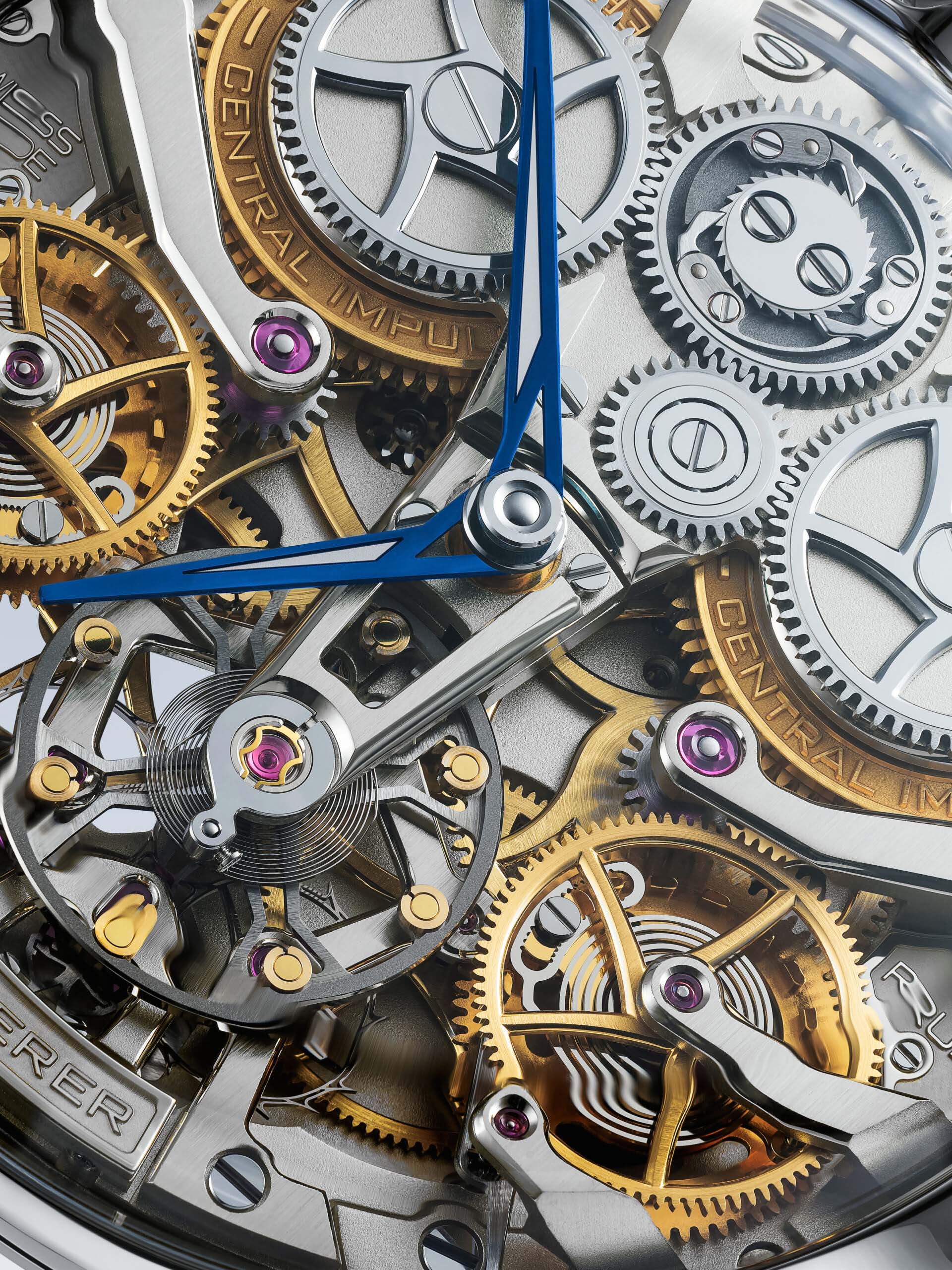 A closeup of the Lederer Central Impulse Chronometer 39mm InVerto Ti calibre | OsterJewelers.com