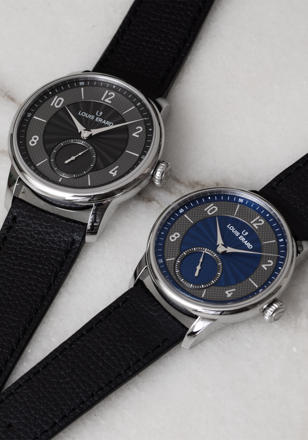 Louis Erard Excellence Petite Seconde Guilloché Anthracite Black & Anthracite Blue side by side.