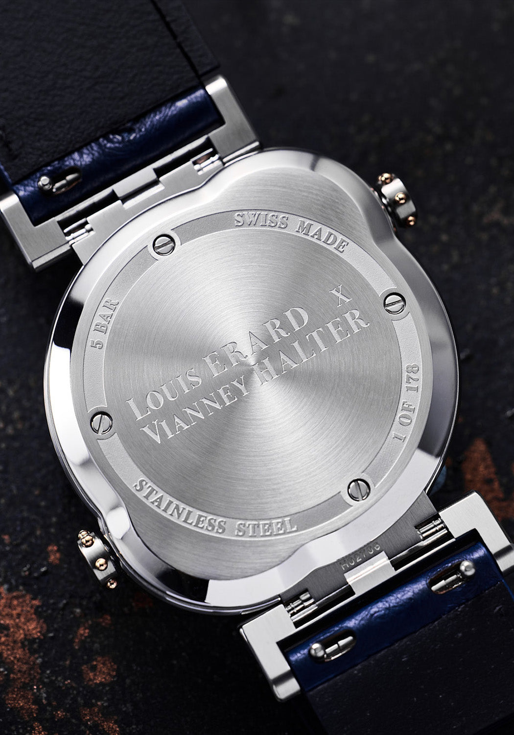 The caseback of the Louis Erard x Vianney Halter Futur Antérior shows Louis Erard x Vianney Halter