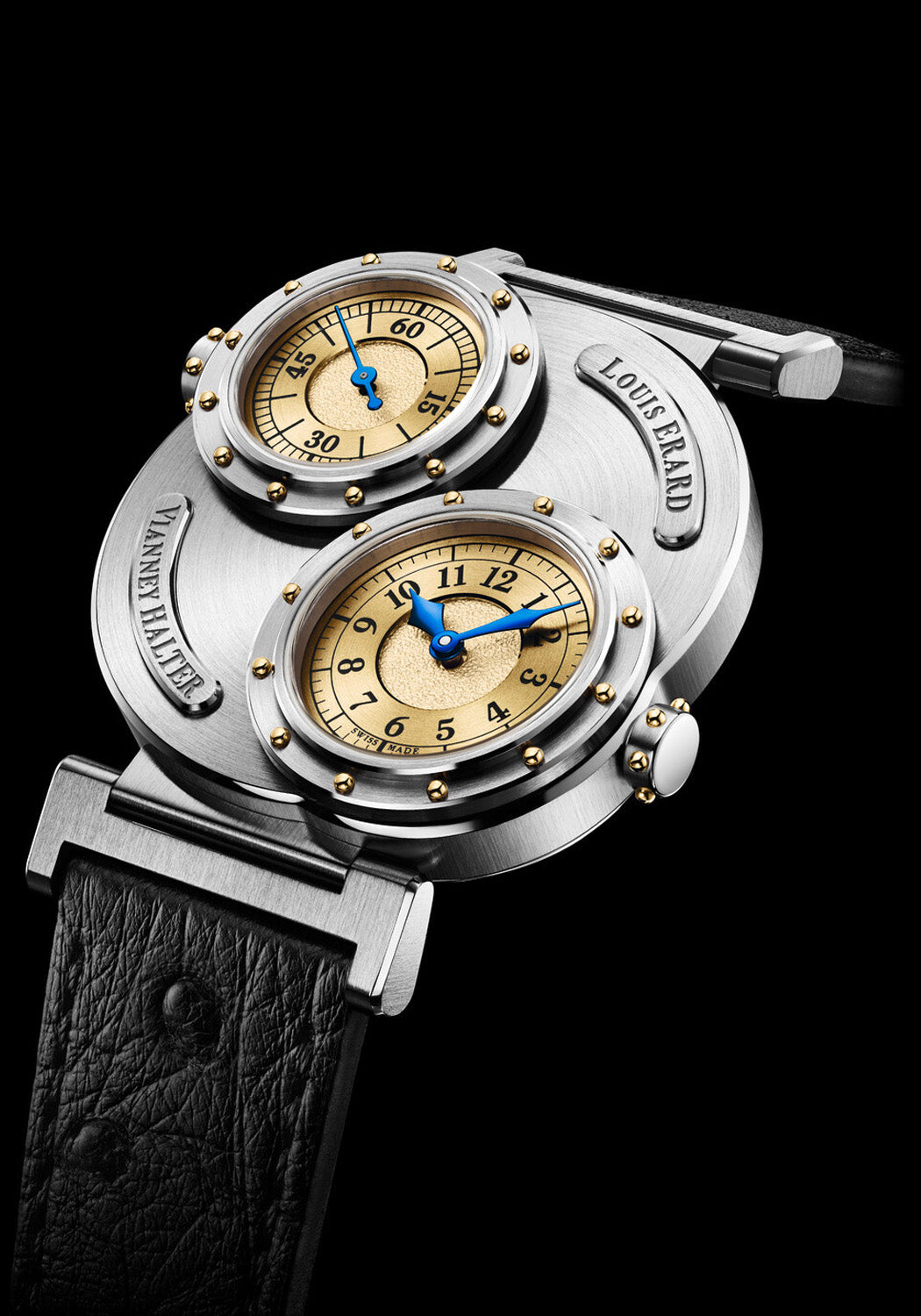 Louis Erard x Vianney Halter Futur Antérior on a black background makes the double dial standout
