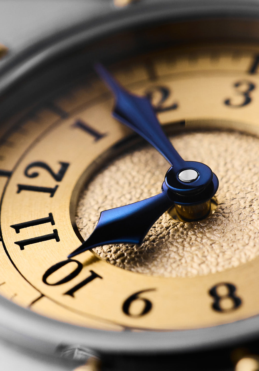 Close up of the hours and minutes dial shows off the Vianney Halter signature blued steel hands
