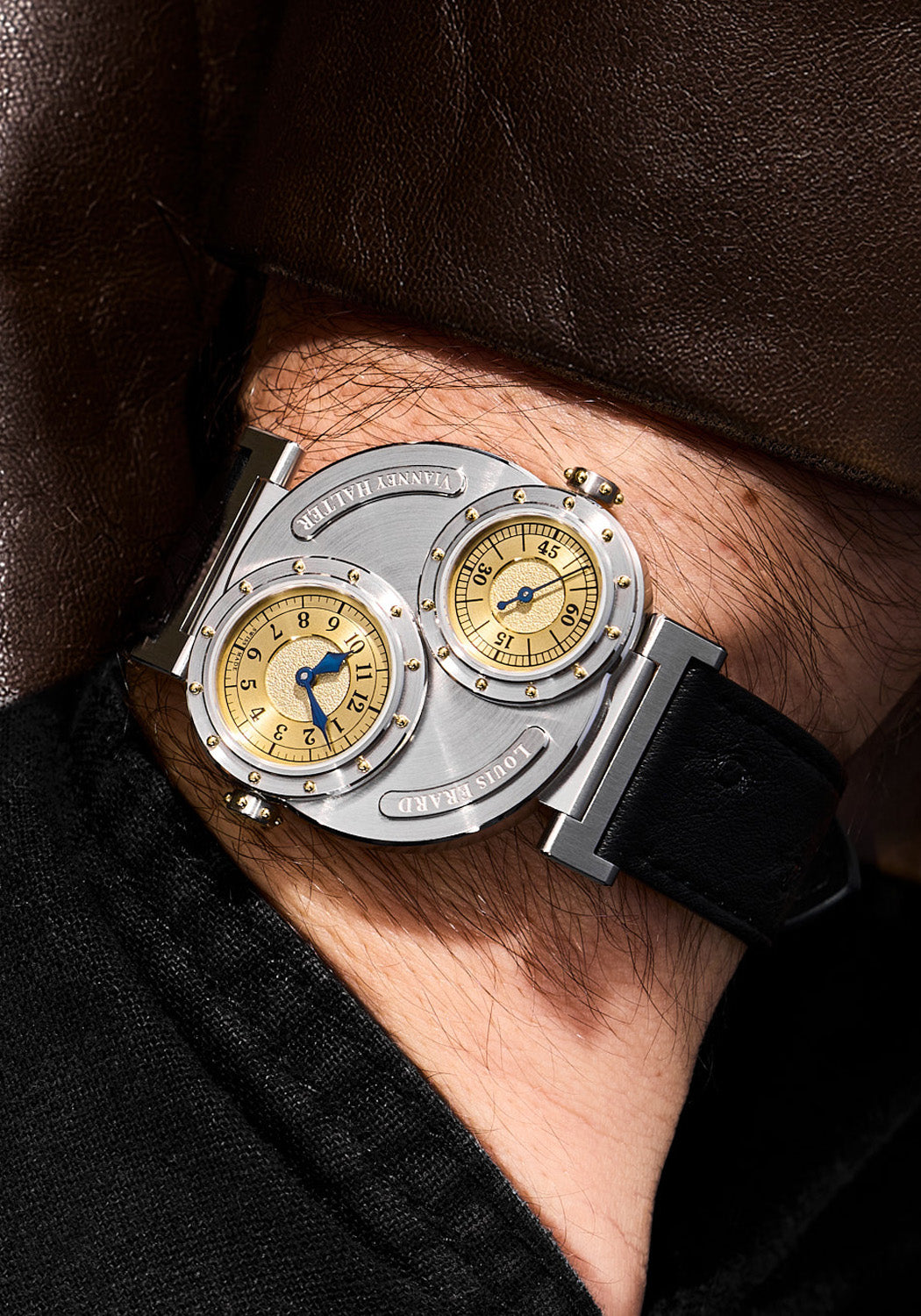 Louis Erard x Vianney Halter Futur Antérior Gold on a man's wrist | OsterJewelers.com