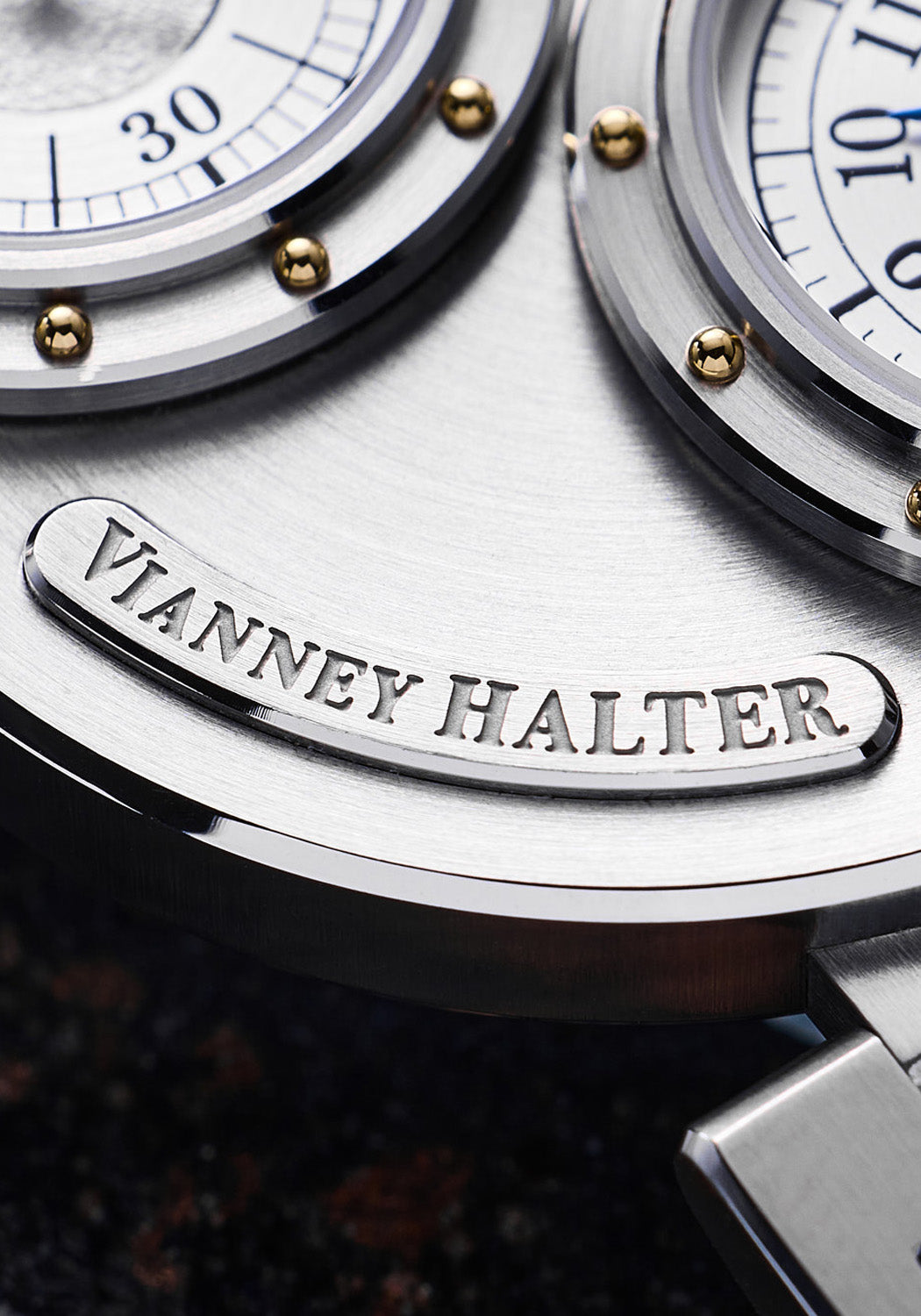 Closeup of the Louis Erard x Vianney Halter Futur Antérior Silver showing Vianney Halter's name