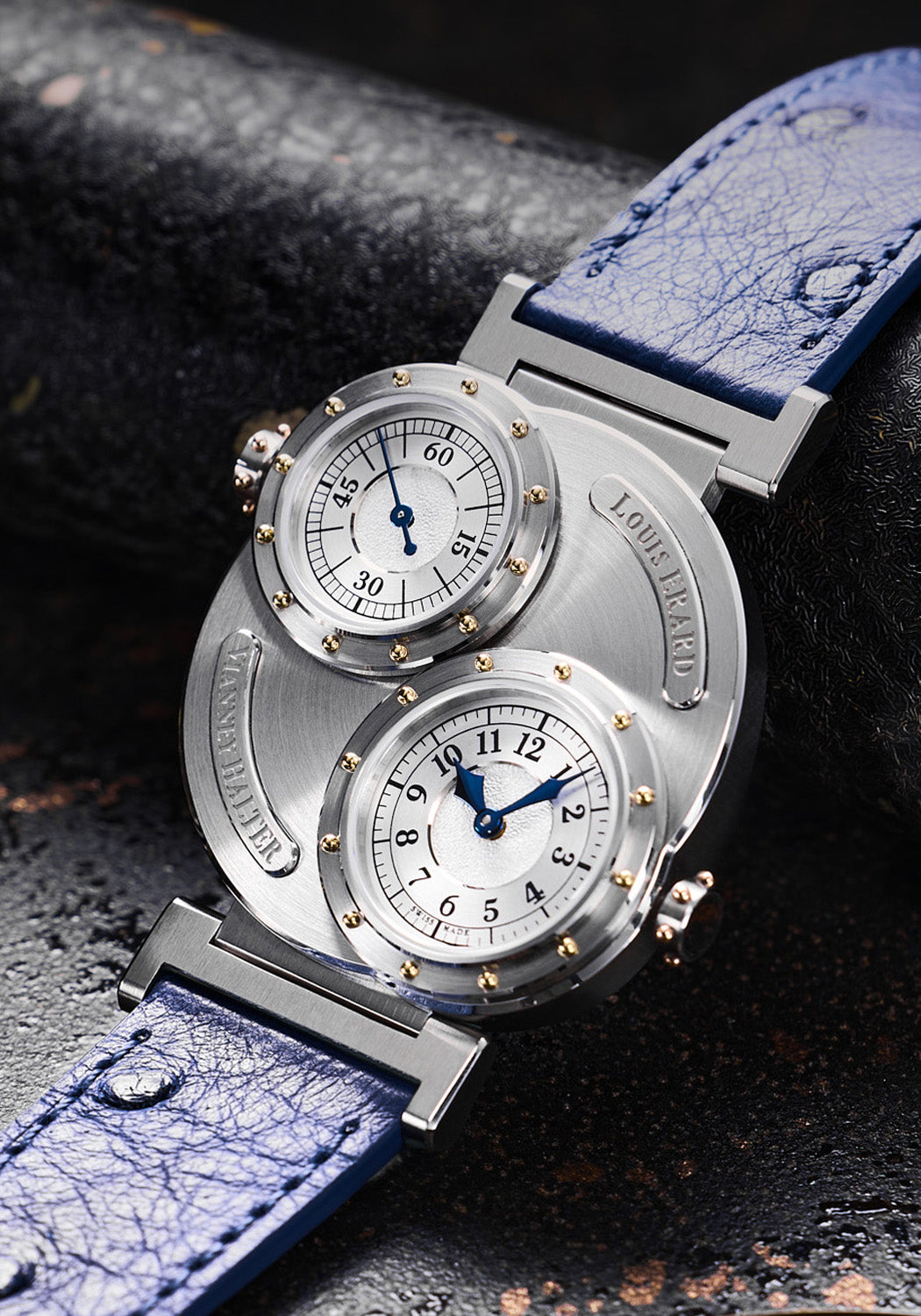 Louis Erard x Vianney Halter Futur Antérior Silver sat up on a black leather roll