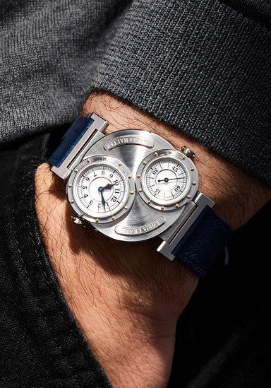 Louis Erard x Vianney Halter Futur Antérior Silver on a man's wrist | OsterJewelers.com