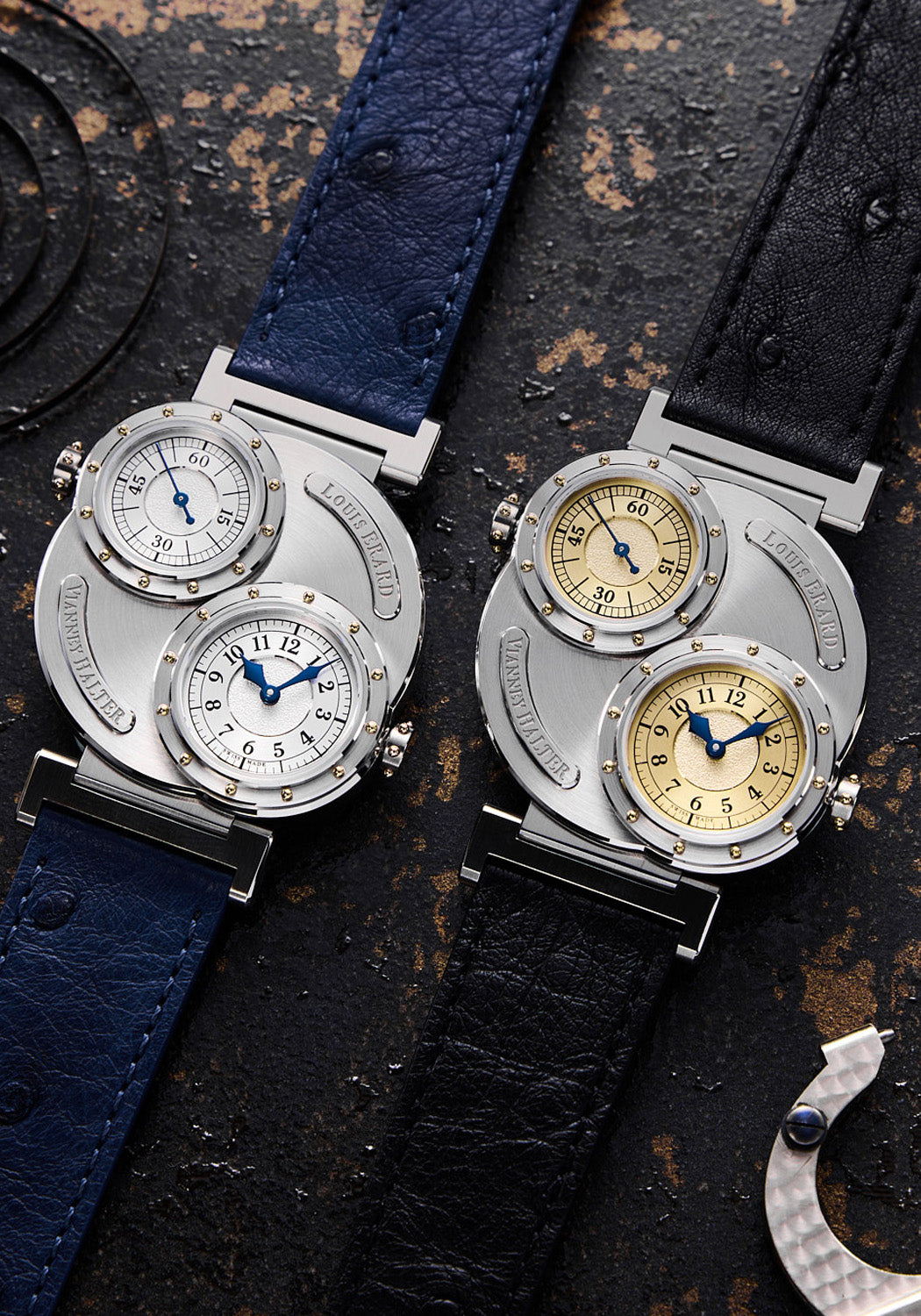 A side by side of both gold and silver editions of the Louis Erard x Vianney Halter Futur Antérior