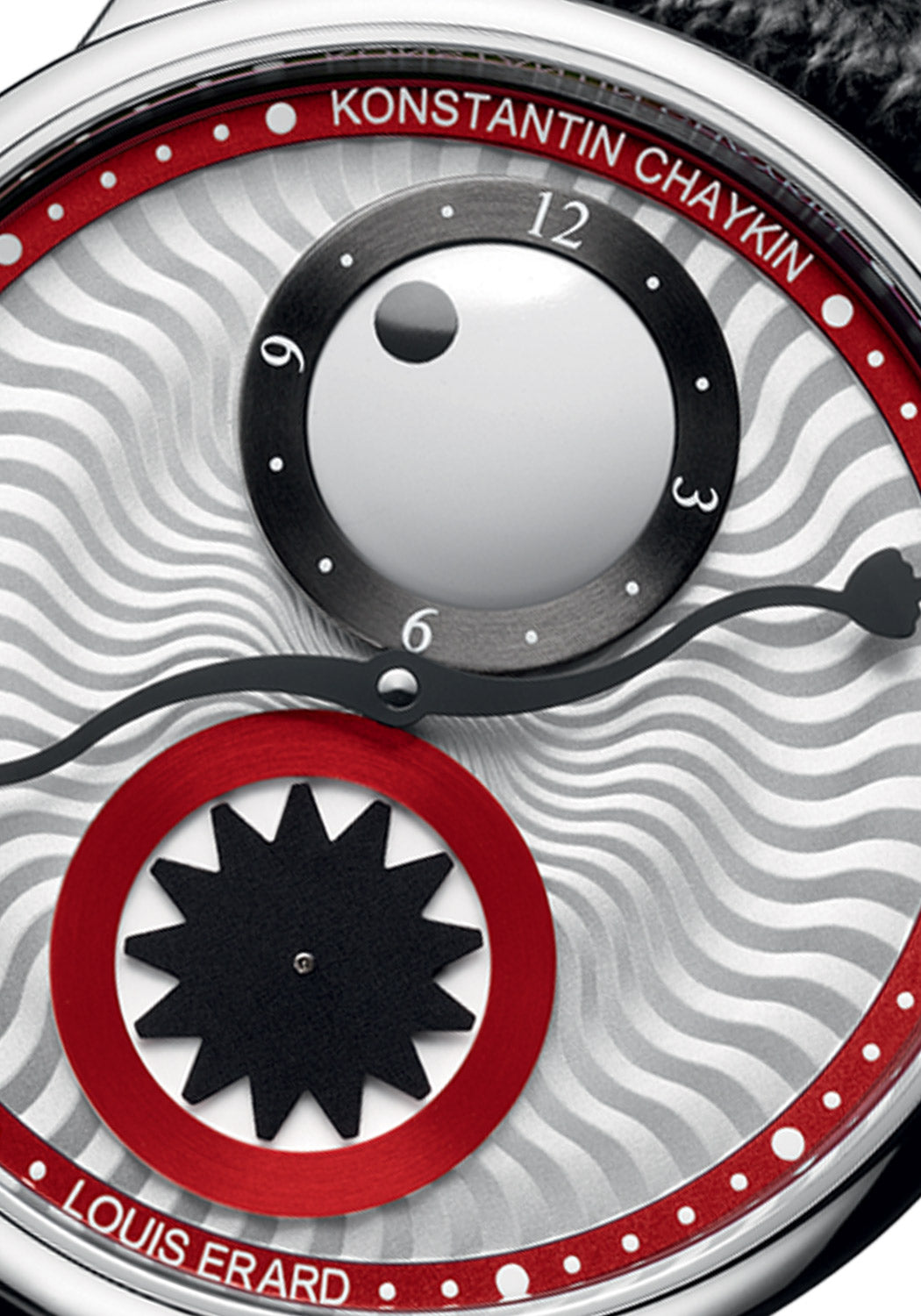 Closeup of the cyclops eye and mouth of the Louis Erard X Konstantin Chaykin III in Red