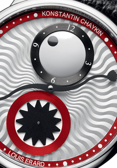 Closeup of the cyclops eye and mouth of the Louis Erard X Konstantin Chaykin III in Red