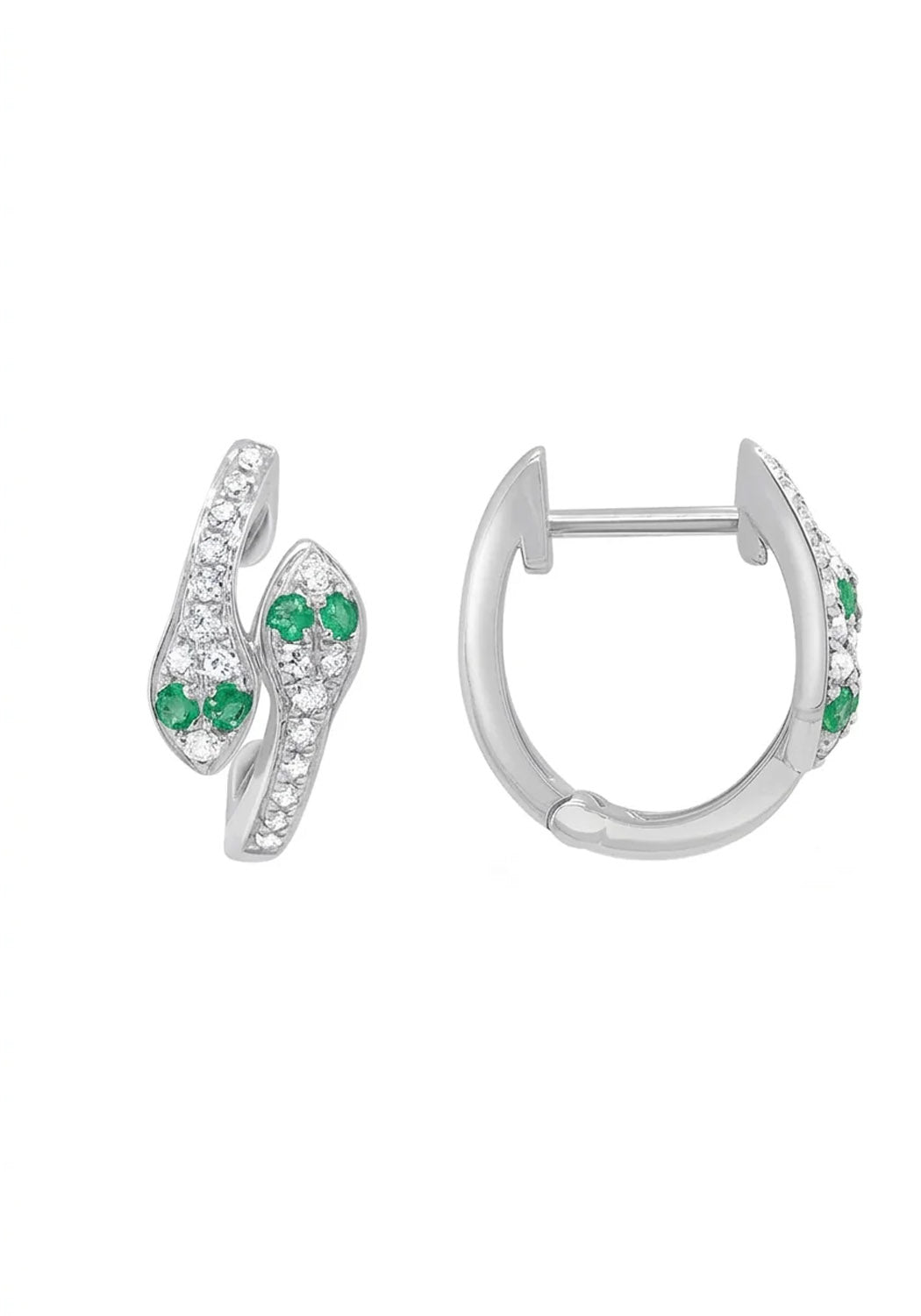 Petite diamond snake huggie earrings featuring two snakes meeting on each ear with emerald eyes.