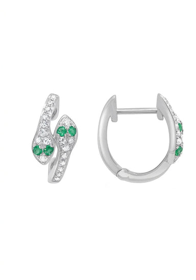 Petite diamond snake huggie earrings featuring two snakes meeting on each ear with emerald eyes.