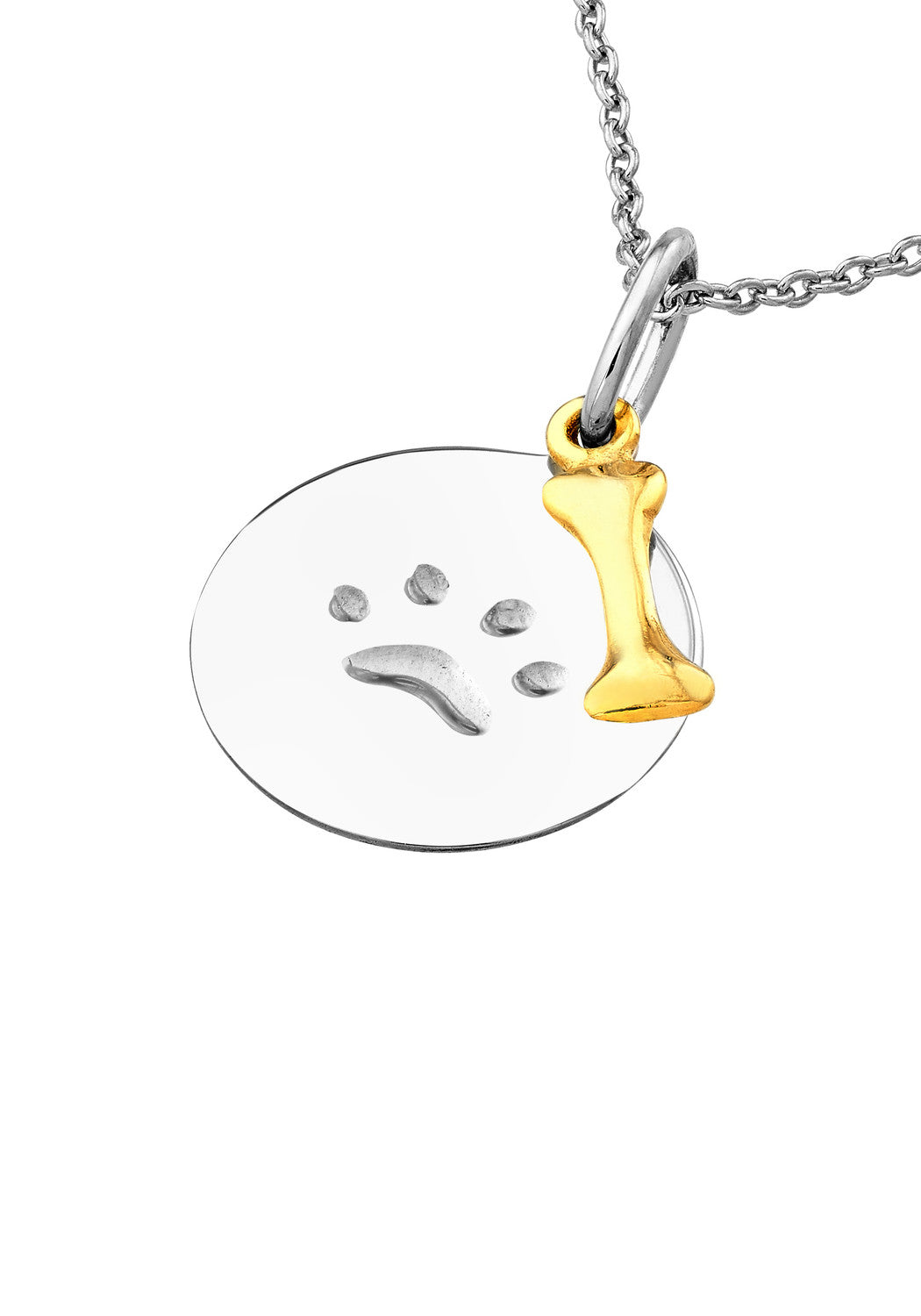 MO & ME Sterling Silver Paw Print & 14KYG Bone Necklace
