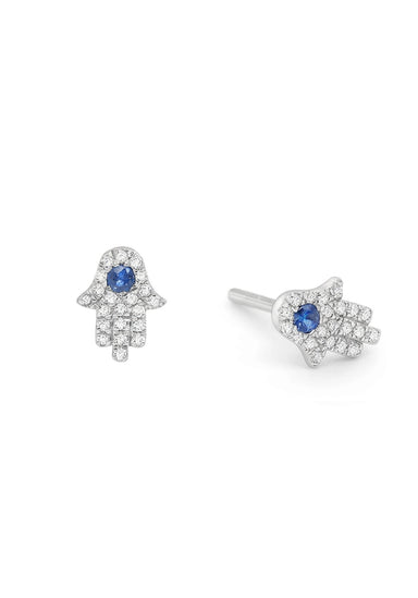 Petite MO & ME 14KWG Diamond & Blue Sapphire Hamsa Earrings on a white background