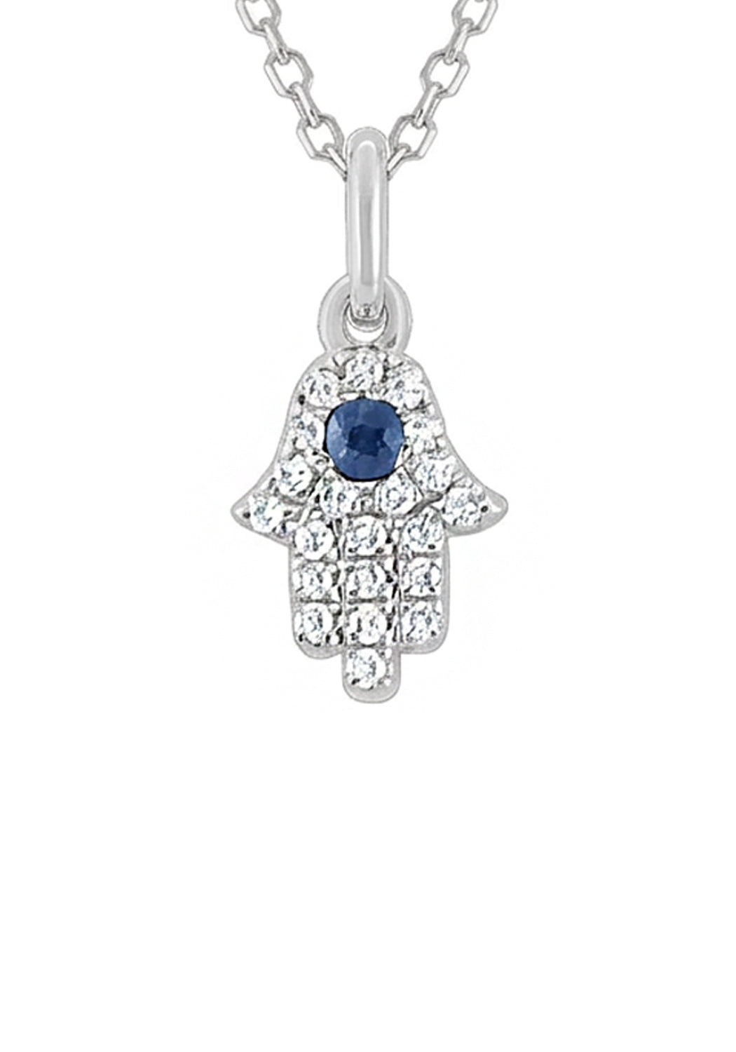 A closeup of the MO & ME 14KWG Diamond & Sapphire Mini Hamsa Necklace on a white background