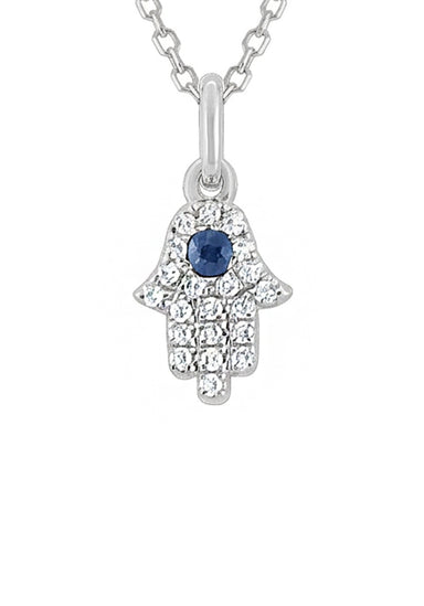 A closeup of the MO & ME 14KWG Diamond & Sapphire Mini Hamsa Necklace on a white background