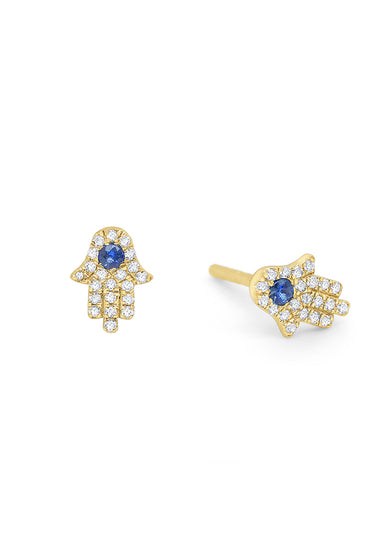 Petite MO & ME 14KYG Diamond & Blue Sapphire Hamsa Earrings on a white background
