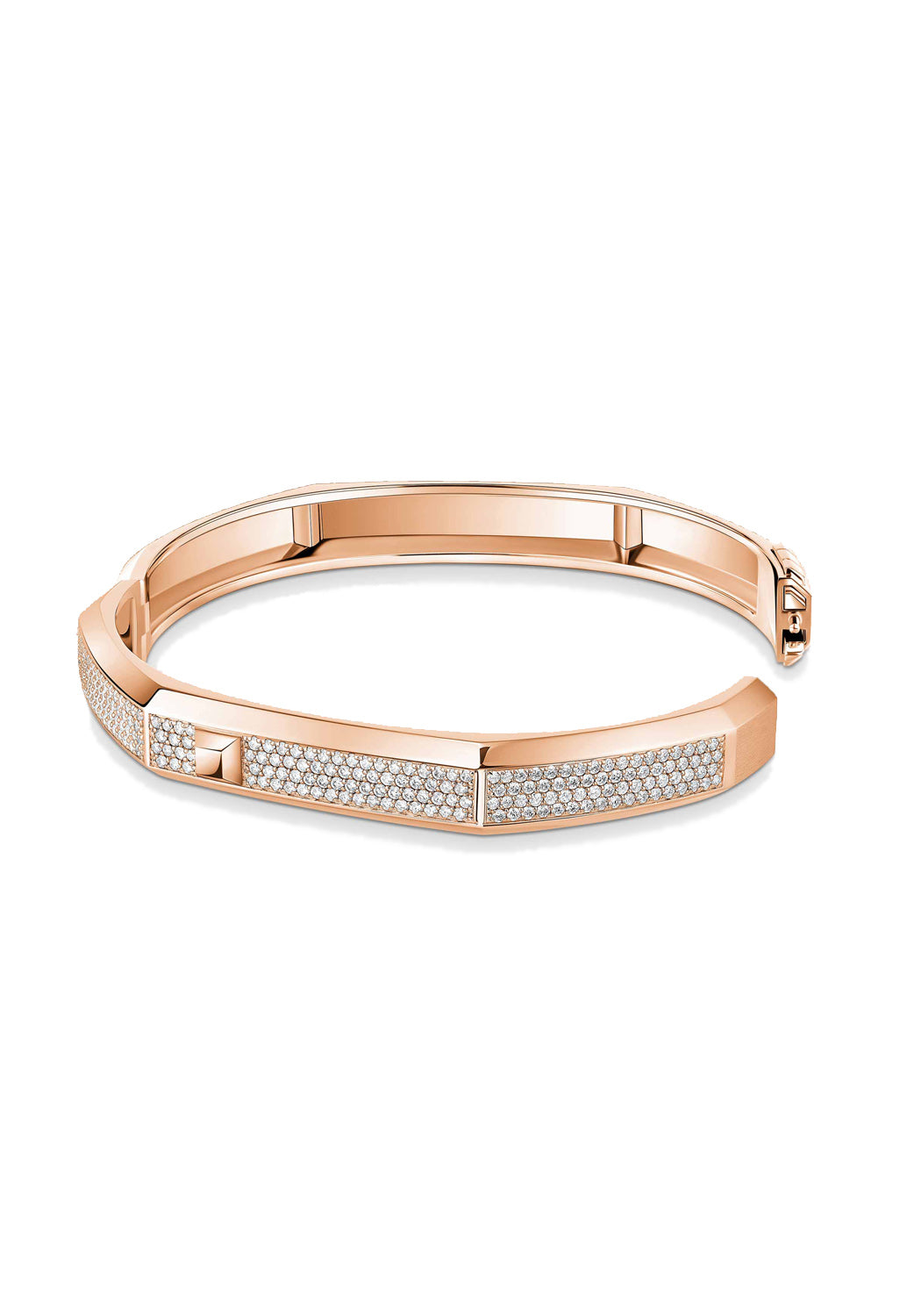 Messika Moderniste 18KRG Large Pavé Diamond Bangle features a geometric shape. Shown open.