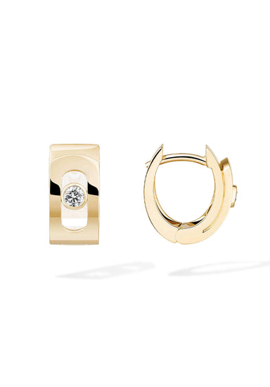The Messika Move Noa 18K Yellow Gold Diamond Hoop Earrings show a single diamond suspended within.