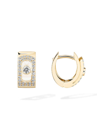 The Messika Move Noa 18KYG Diamond Hoop Earrings show a single diamond suspended within a pavé cage.