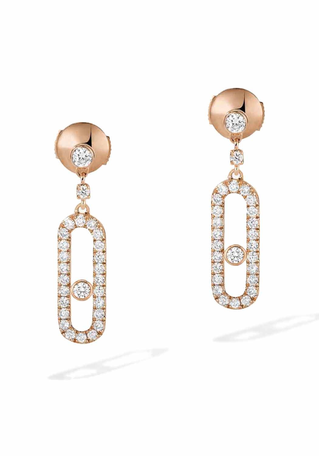 Messika Move Uno Stud 18KRG Diamond Dangle Earrings have a center moving diamond in a pavé halo