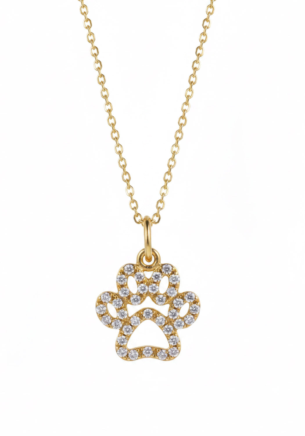 A gold paw print pendant necklace adorned with diamonds, suspended from a delicate gold chain against a plain white background.