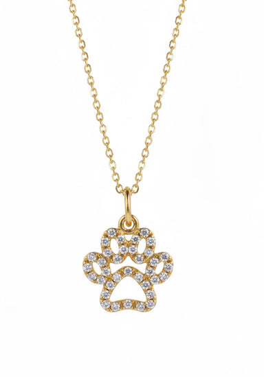 A gold paw print pendant necklace adorned with diamonds, suspended from a delicate gold chain against a plain white background.