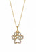 A gold paw print pendant necklace adorned with diamonds, suspended from a delicate gold chain against a plain white background.