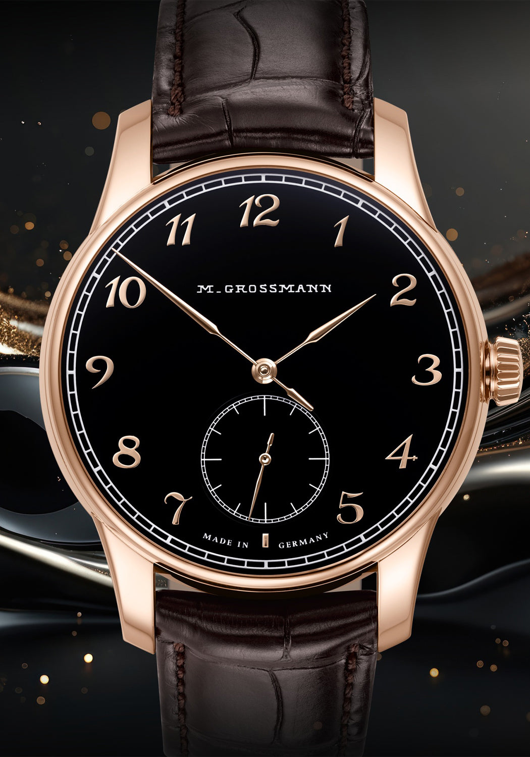 Rendering of the Moritz Grossmann Hamatic Enamel Rose Gold on dark background