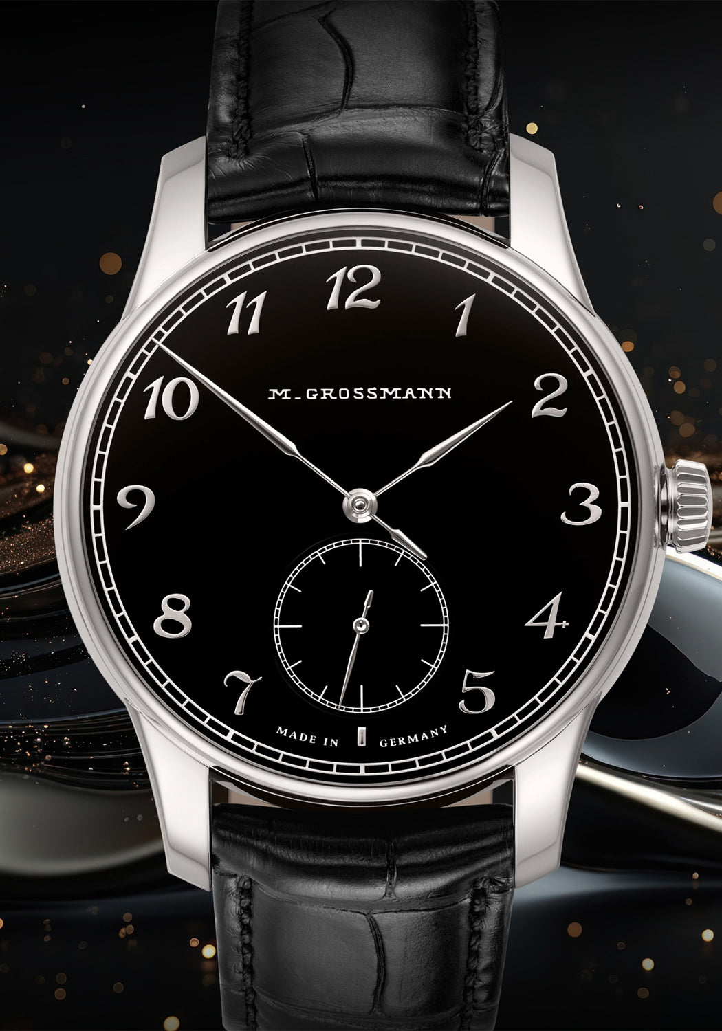 Rendering of the Moritz Grossmann Hamatic Enamel White Gold on dark background
