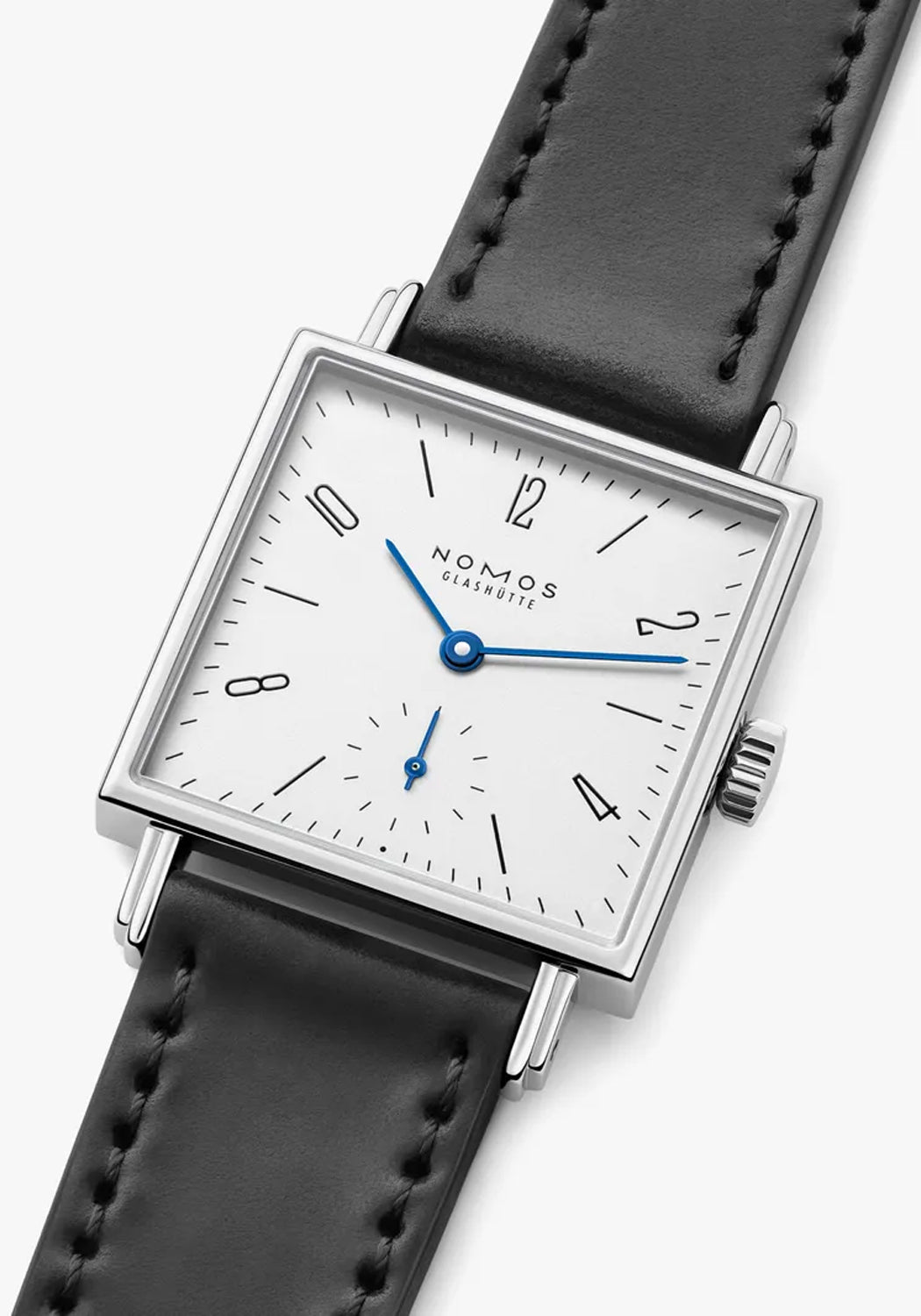 Closeup of the NOMOS Tetra 27 White Stainless Steel Watch shows off the blued steel hands