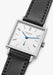 Closeup of the NOMOS Tetra 27 White Stainless Steel Watch shows off the blued steel hands