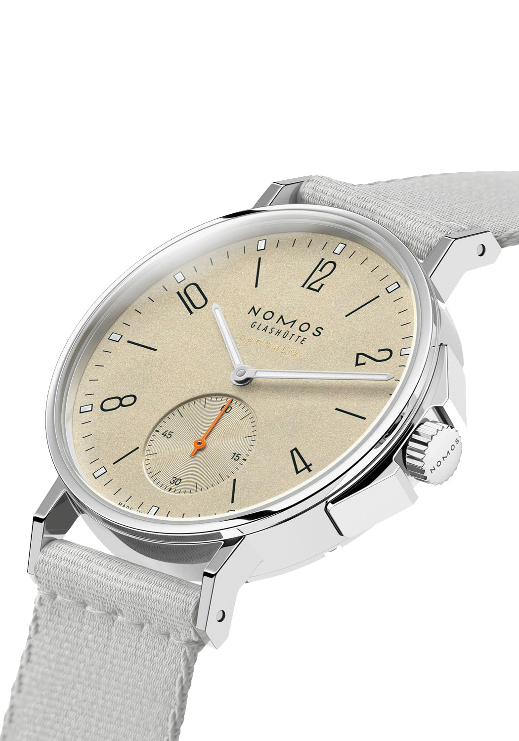 NOMOS Ahoi Neomatik Sand shown at an angle. The watch features a sand dial & orange seconds hand.