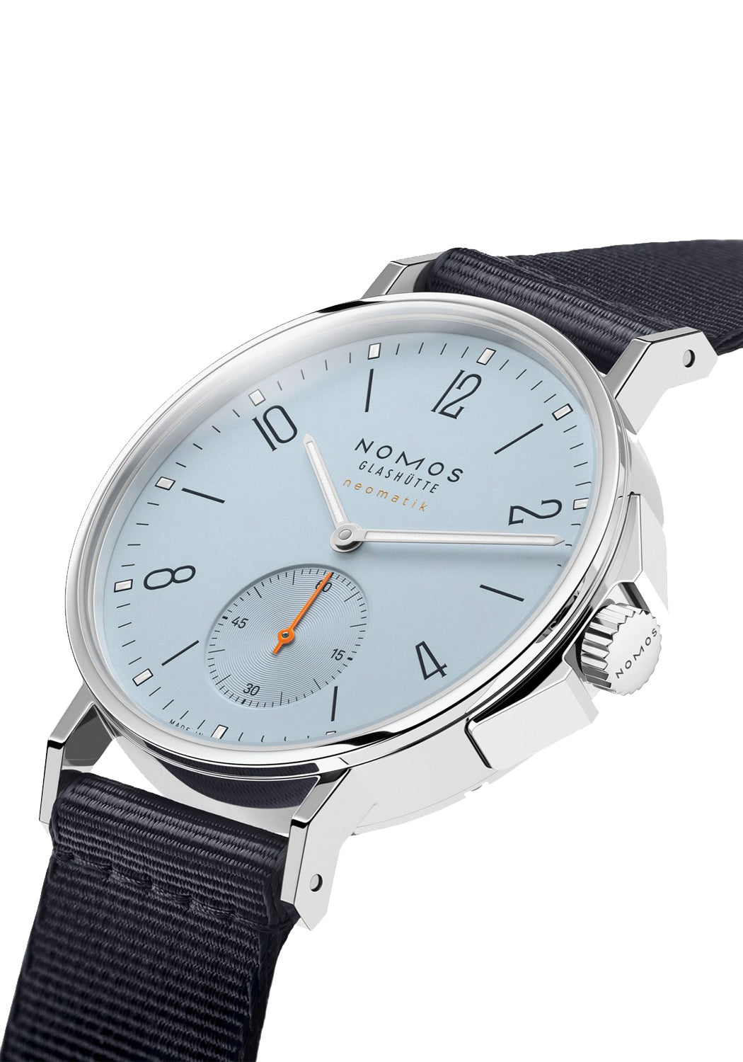 NOMOS Ahoi Neomatik Sky shown at an angle. The watch features a sky blue dial & orange seconds hand.