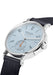 NOMOS Ahoi Neomatik Sky shown at an angle. The watch features a sky blue dial & orange seconds hand.