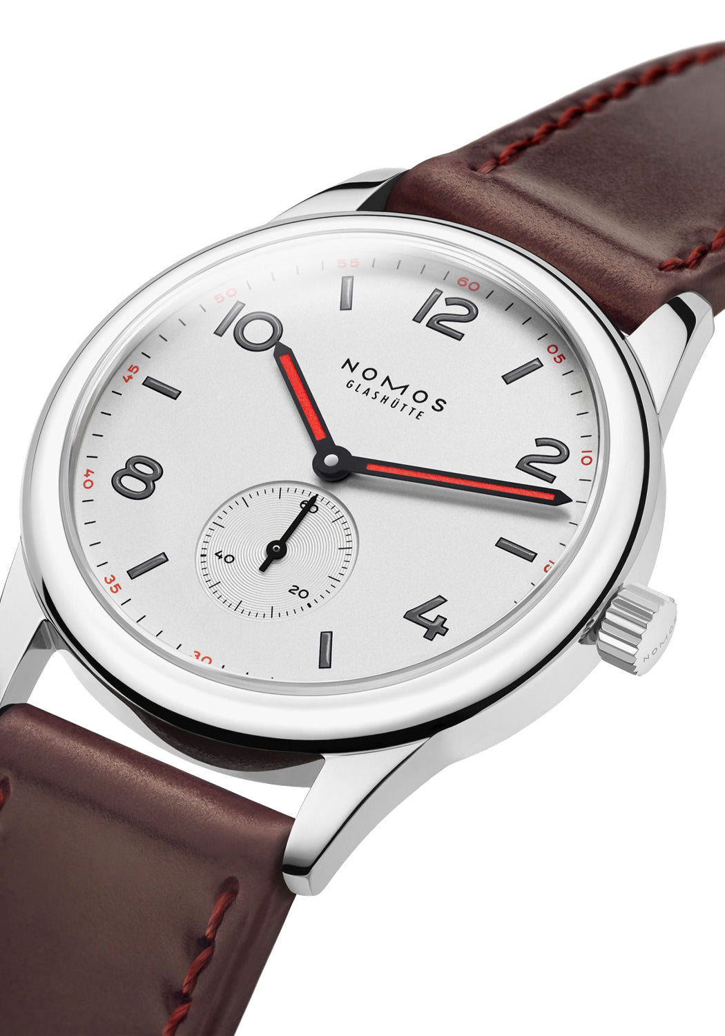 A side view of the NOMOS Club 38 shows the galvanized white silver-plated dial