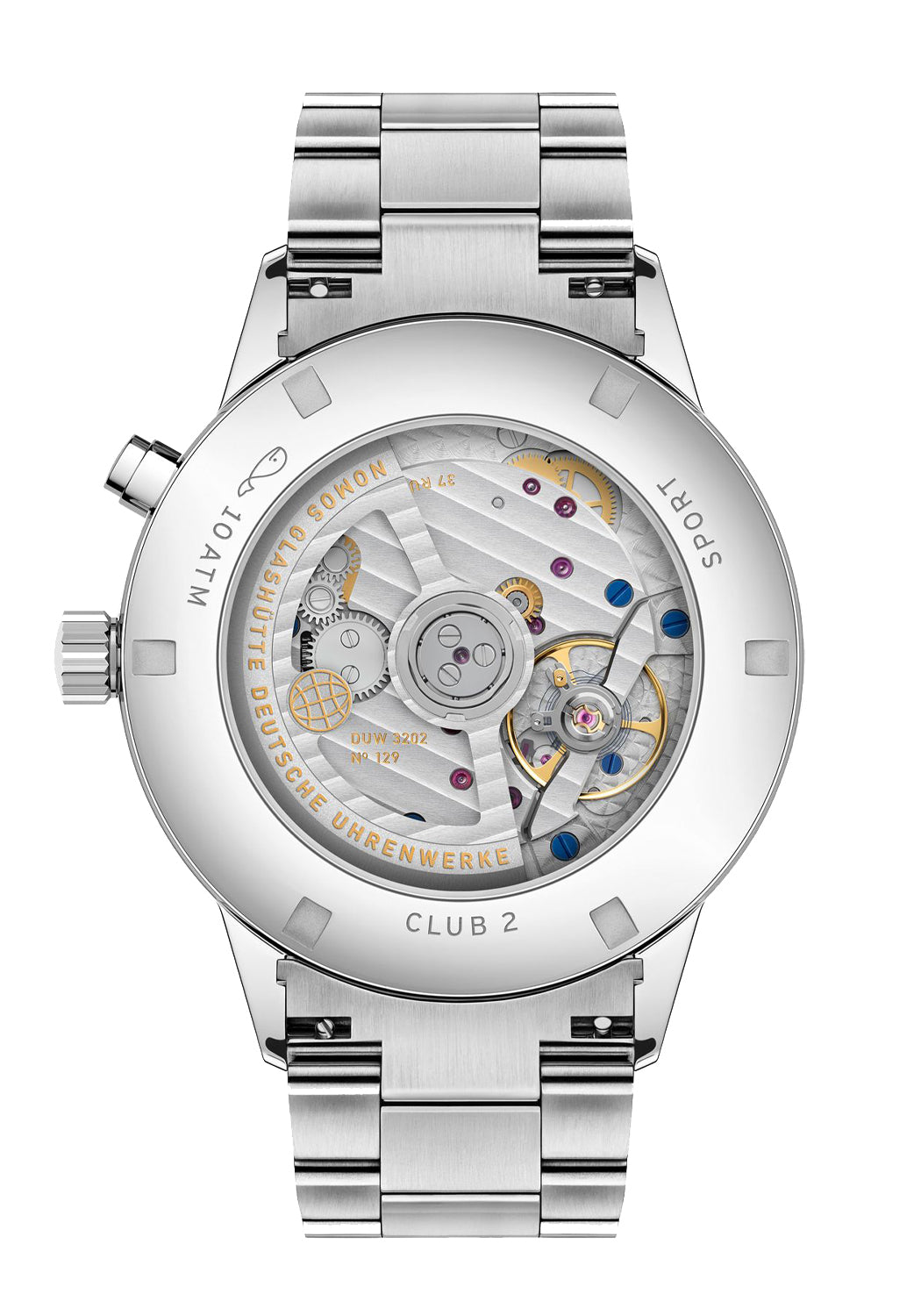 The exhibition caseback of the Club Sport Neomatik Worldtimer Dark reveals the DUW 3202 calibre