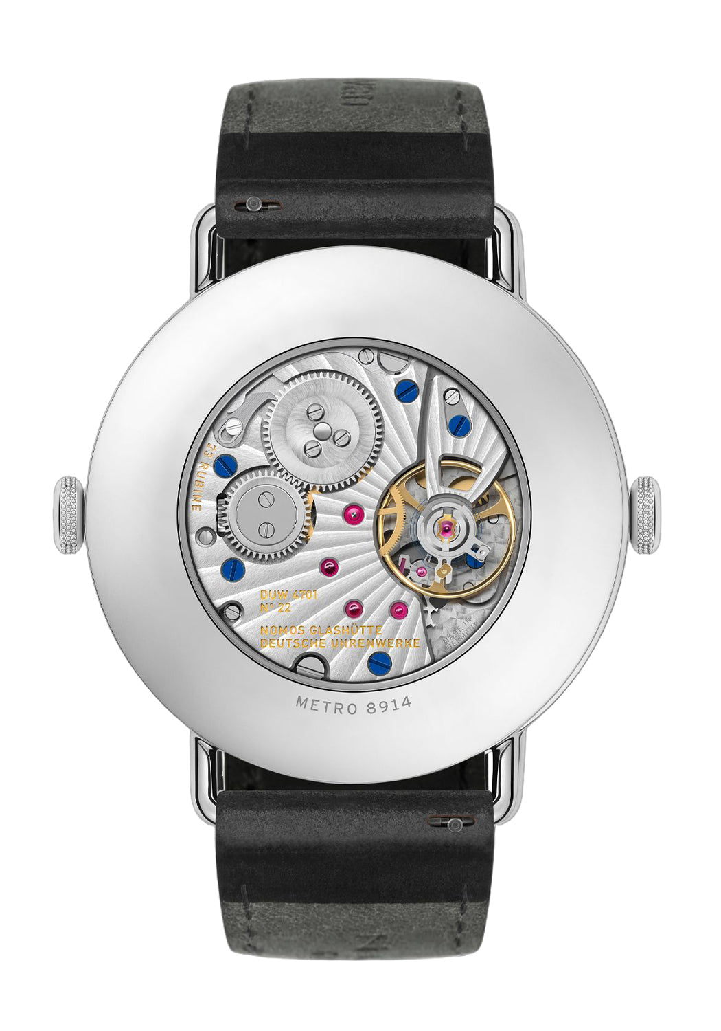 The sapphire glass caseback reveals the DUW 4701 calibre of the NOMOS Metro Date Power Reserve
