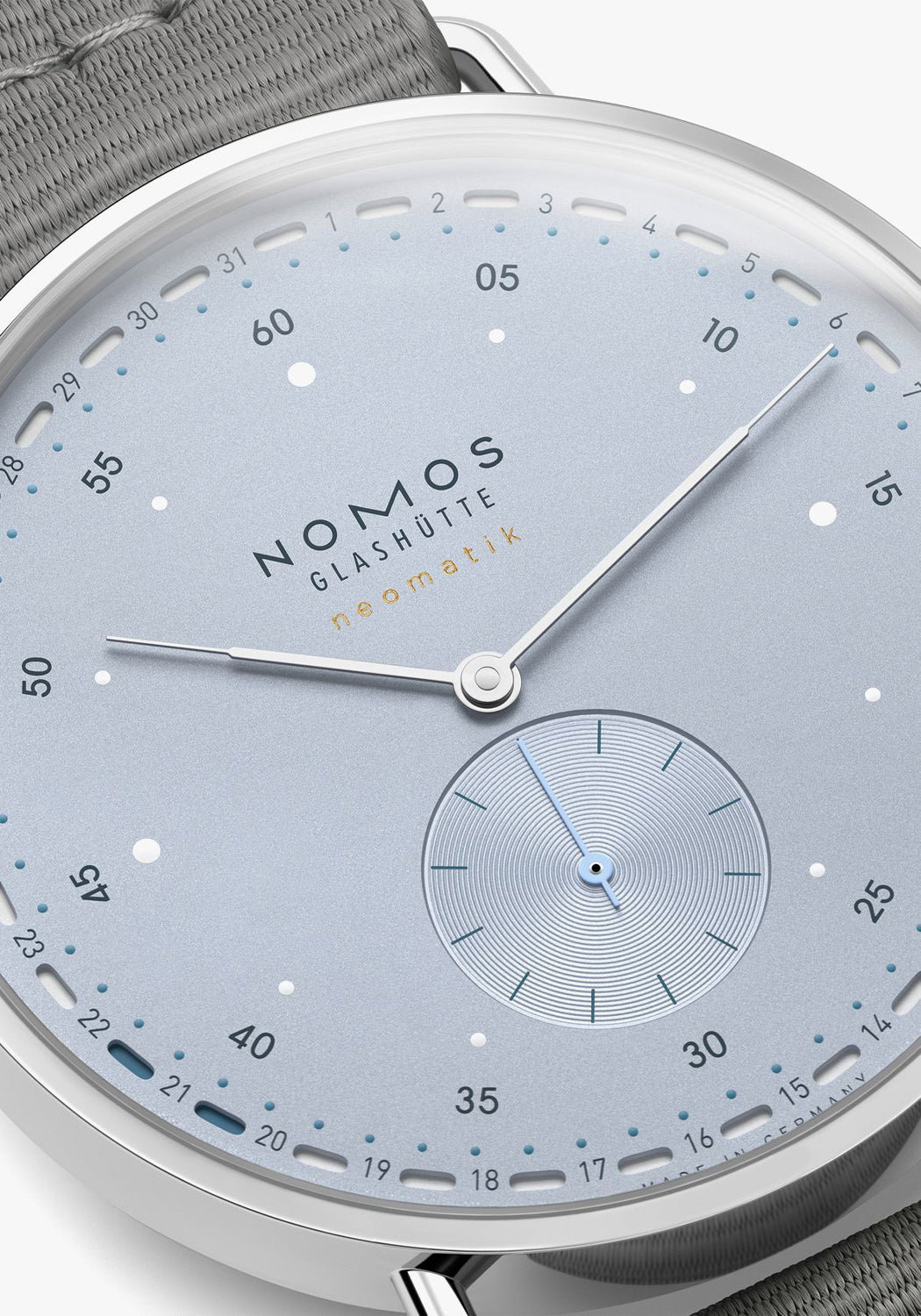 Close up of the NOMOS Metro Neomatik 41 Update dial shows the azurage detail of the seconds subdial