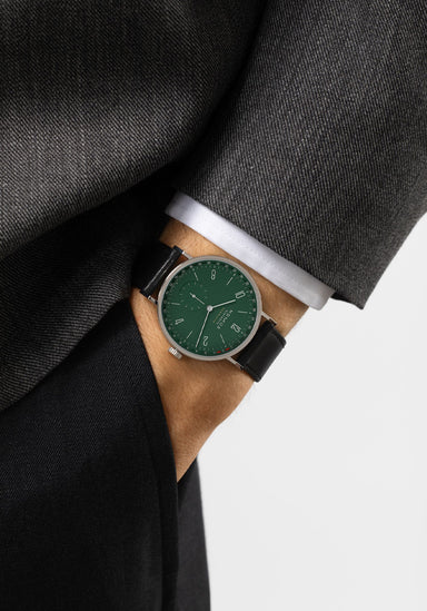 NOMOS Tangente Neomatik 38 Update Forest Green on the wrist | Ref. 148 | OsterJewelers.com