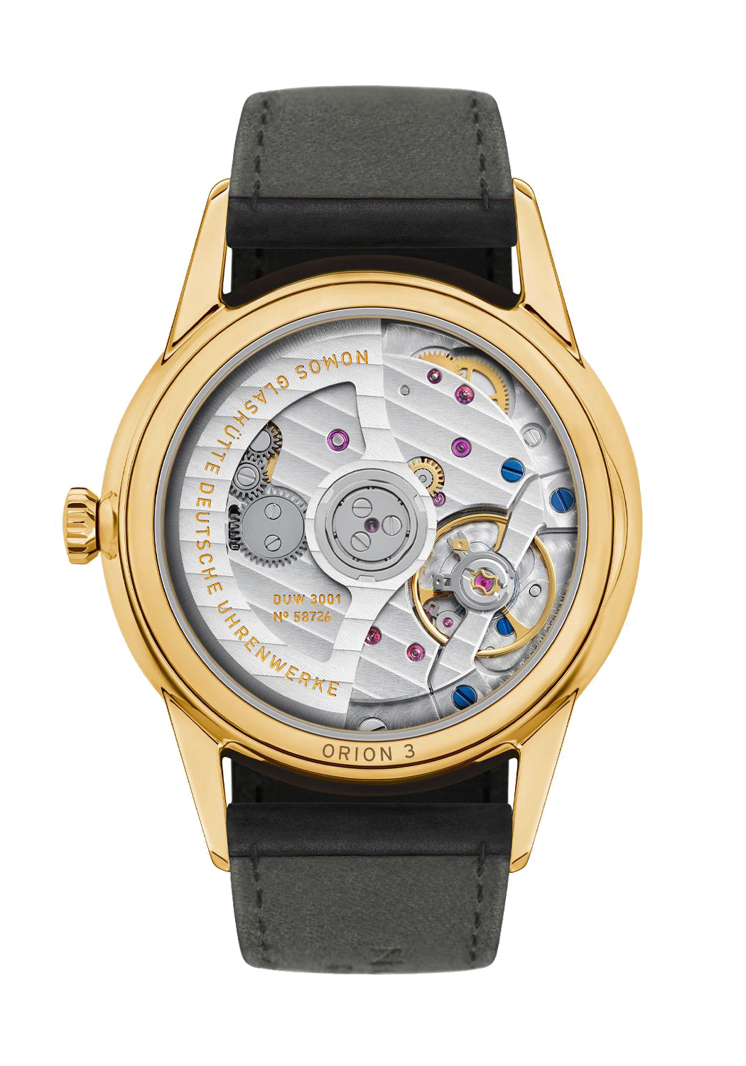 The sapphire glass back reveals the in-house DUW 3001 automatic calibre housed in the gold case.