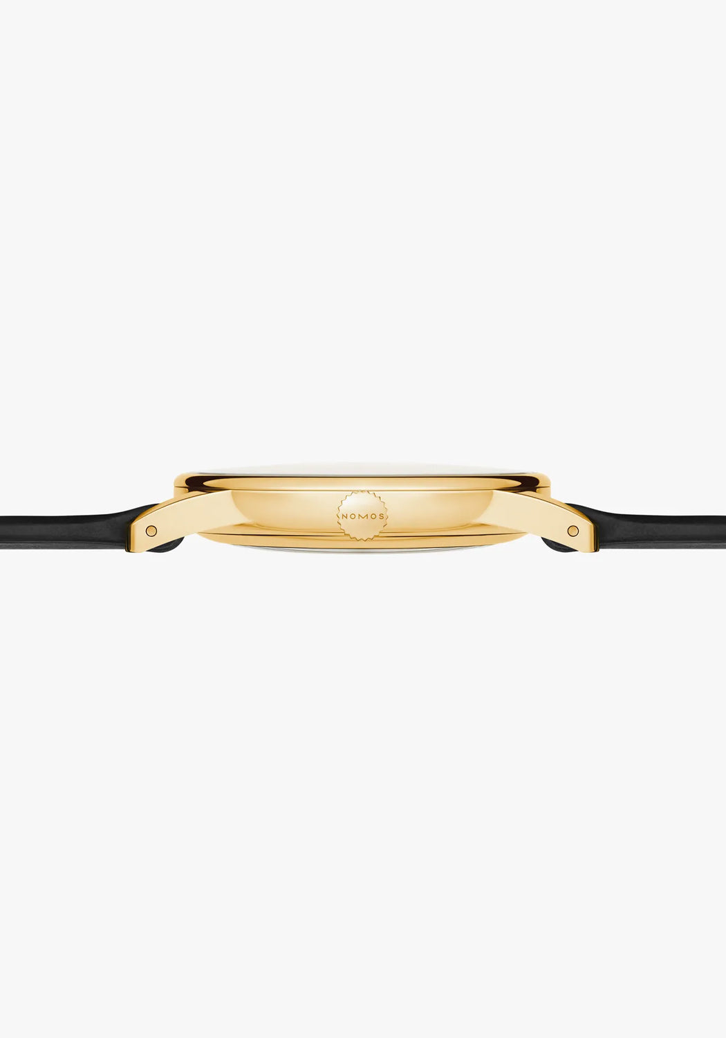 The crown view of the NOMOS Orion Gold Neomatik New Black 36mm shows how slender the case is.
