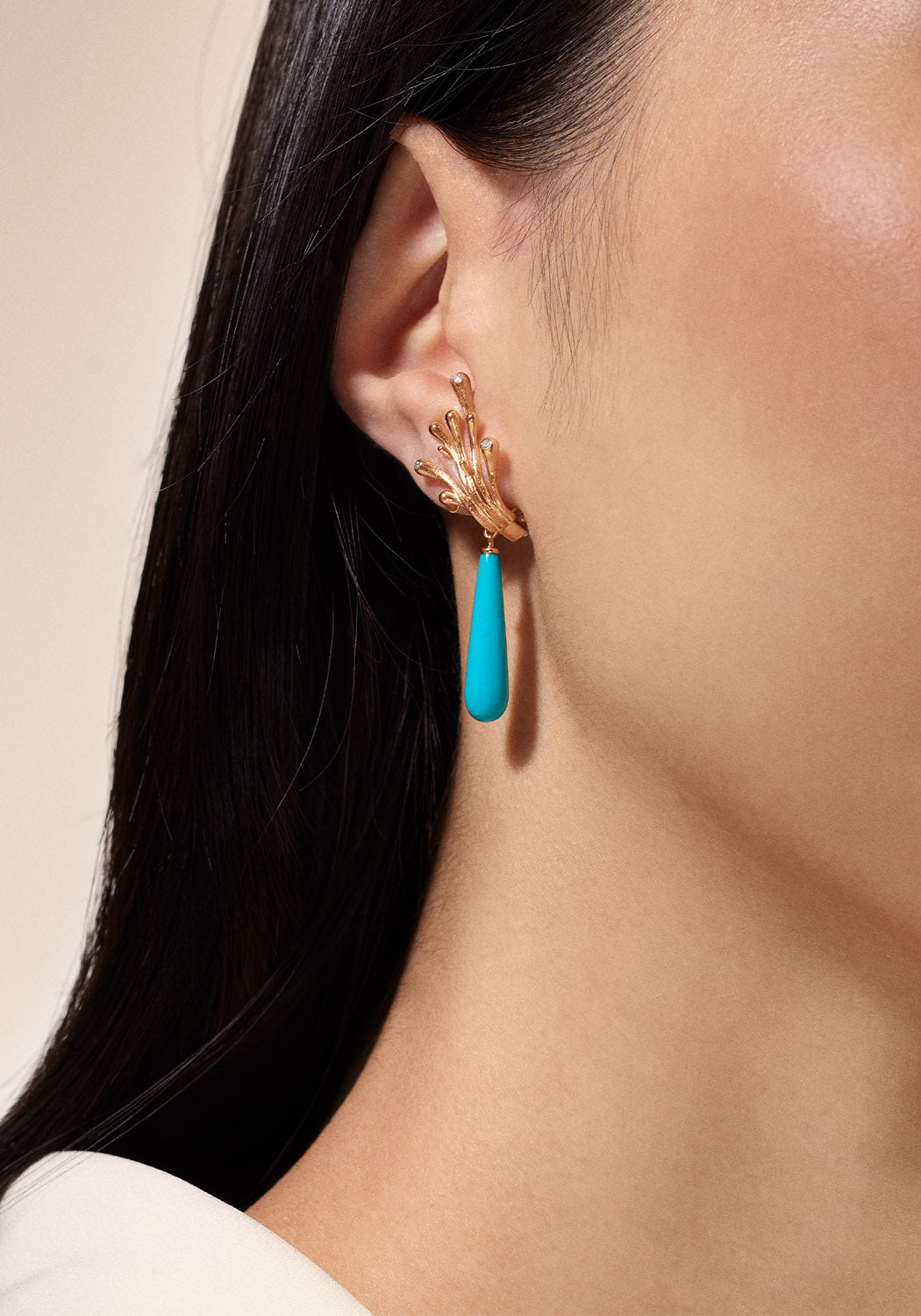 Model wearing Turquoise Cabochon Earring Pendant Drops with a pair of earrings (Sold Separately)