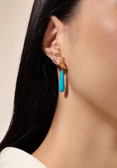 Model wearing Turquoise Cabochon Earring Pendant Drops with a pair of earrings (Sold Separately)