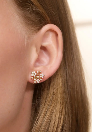 Closeup of a model wearing a single Ole Lynggaard Shooting Stars 18KYG Diamond Starburst Earring