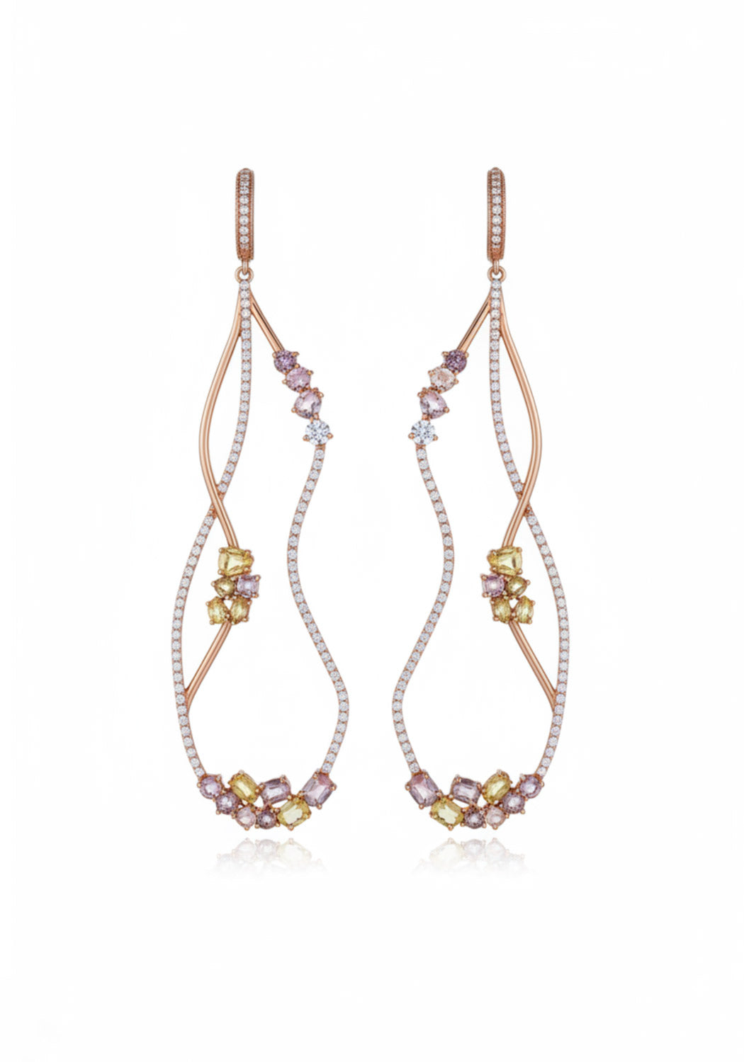 Fancy colored diamond dangles. Open curved design.