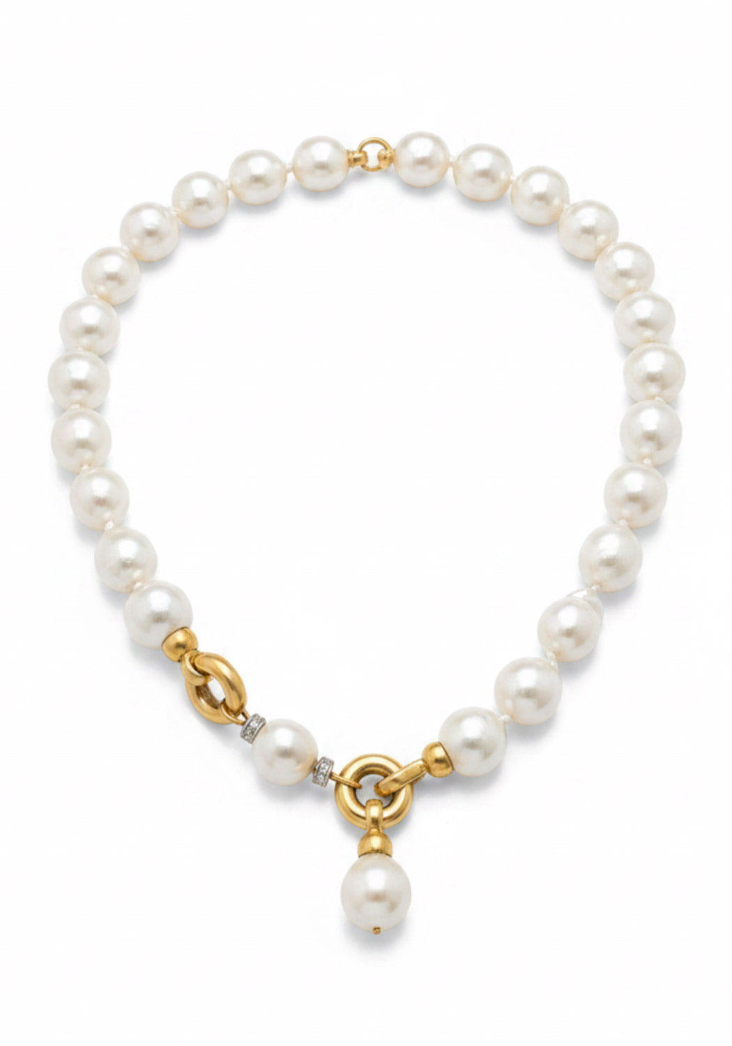 A pearl necklace with a gold clasp and pendant, featuring diamond accents around one pearl, shown on a plain white background.